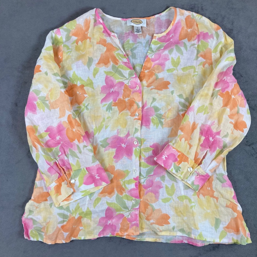 Vntg Talbots 100% Linen Floral Button Down Blouse Pink Orange Yellow Size 12